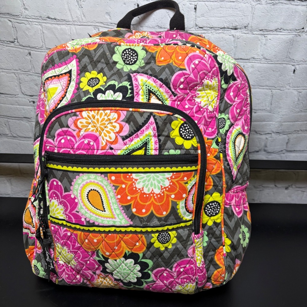 Vera Bradley Rhythm and Blues Quilted Cotton Backpack Floral Paisley Grey Pink
